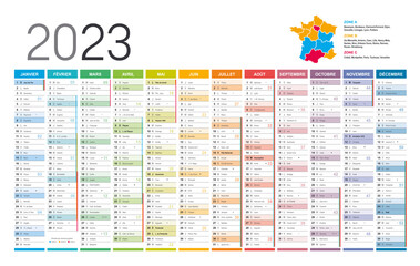 Year 2023 colorful wall calendar, in French language, on white background. Vector template
