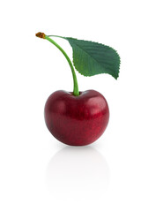 Cherry with a leaf. isolated object on a white background