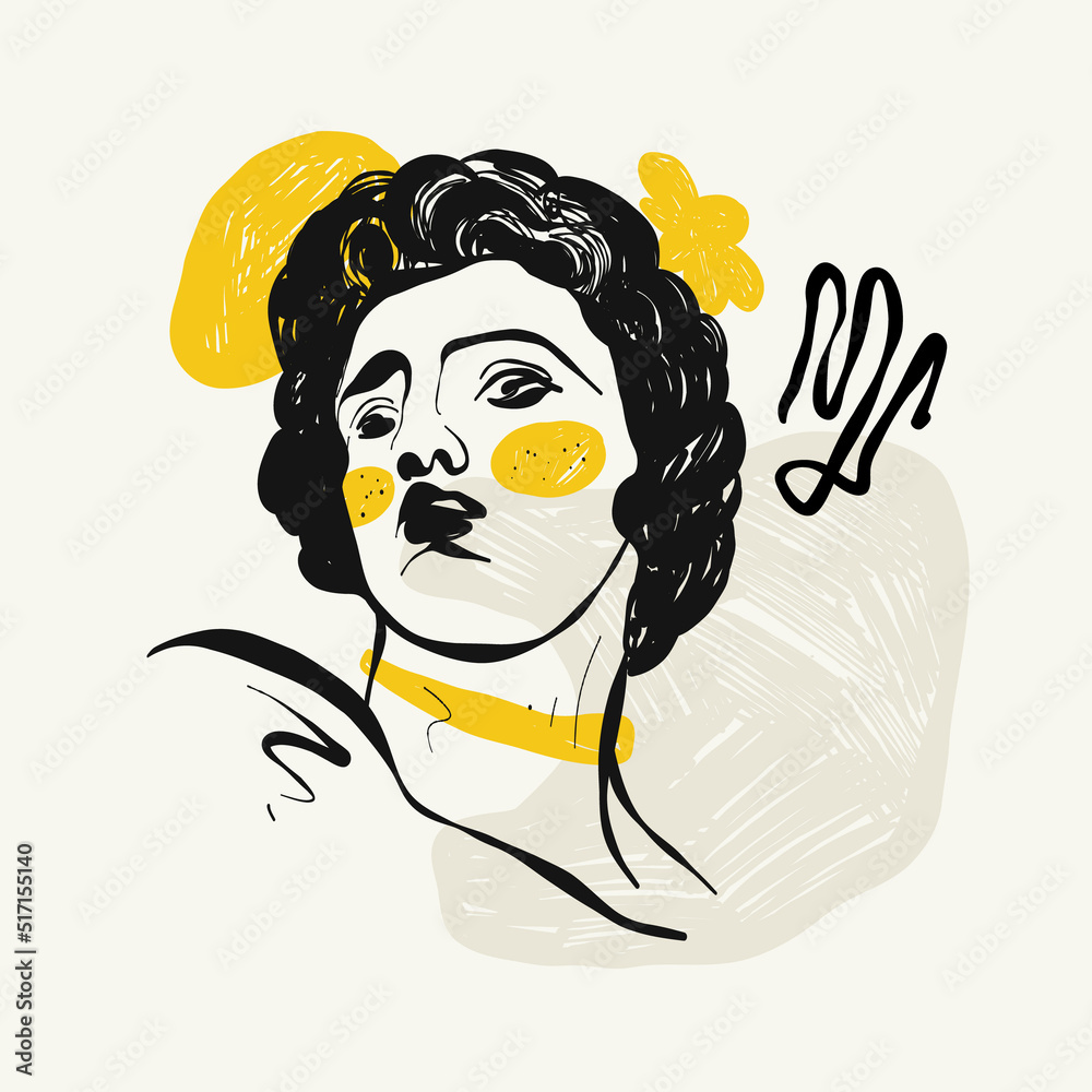 Wall mural Antique statues illustration. Modern card, wall art. Yellow and Black shape. Line art.