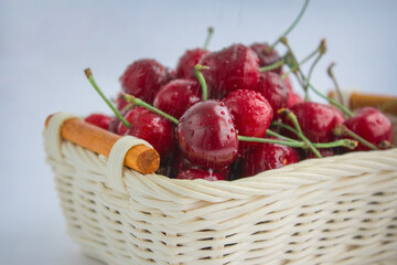 the cherries in the basket are washed and watered.