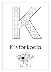 Learning English alphabet for kids. Letter K. Dot marker activity.