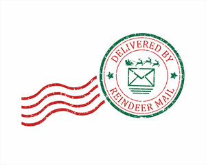 Delivered by Reindeer mail north pole grunge rubber stamp design with white background