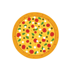 Vector pizza with cheese and sauce. Delicious Italian pizza with tomatoes, olives, mozzarella and basil. Isolated on a white background.