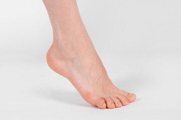 Barefoot and legs isolated on white background. Closeup shot of healthy beautiful female feet....