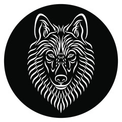 Wolf head vector drawing. The head of a wolf or a dog drawn with white strokes on a black background. Can be used for printing on t-shirts, posters, stickers. Calligraphic drawing. Tattoo design.