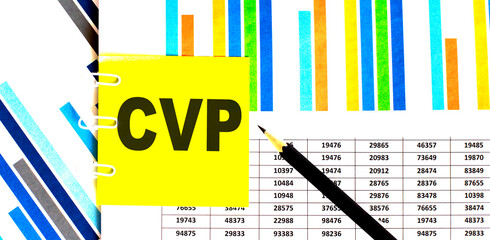 CVP Cost Volume Profit text on yellow sticky on chart ,business concept background