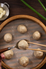 Steamed pork soup dumplings named Xiao long bao xiaolongbao in Taiwan.