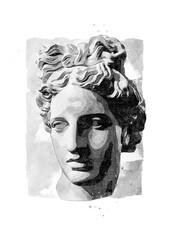 Digital watercolor illustration of white gypsum statue of Apollo's head
