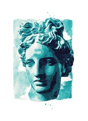 Digital watercolor illustration of white gypsum statue of Apollo's head