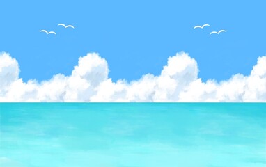 Obraz na płótnie Canvas 夏の海　入道雲　カモメが飛ぶ