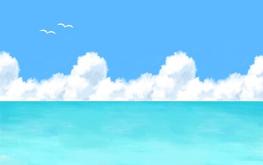 Fototapeta premium 夏の海 入道雲 カモメが飛ぶ