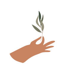 Human shaking hand with branch vector illustration