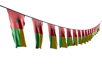 beautiful many Guinea-Bissau flags or banners hanging diagonal with perspective view on rope isolated on white - any occasion flag 3d illustration..
