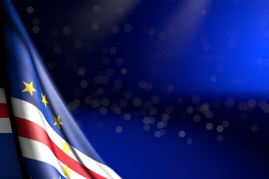 beautiful illustration of Cabo Verde flag hangs diagonal on blue with bokeh and free place for content - any occasion flag 3d illustration..