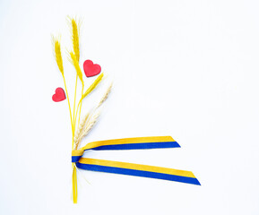 Obraz na płótnie Canvas Spikilets (ears of wheat) and two red hearts with yellow-blue ribbon (yellow and blue are colors of national flag of Ukraine) on white background. Europe. Ukraine. Copy space. Empty space.
