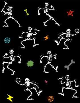 Cartoon style seamless pattern with the dancing skeletons, vector seamless illustration.