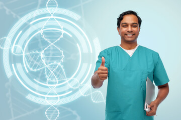 healthcare, genetics and medicine concept - happy smiling doctor or male nurse in blue uniform with...