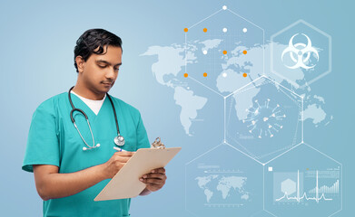 healthcare, epidemic and medicine concept - doctor or male nurse in blue uniform writing medical report on clipboard over world map and pandemic statistics background