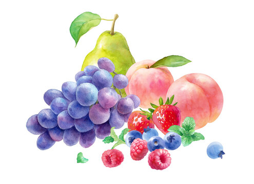 フレッシュな3種のベリー（ラズベリー、ストロベリー、ブルーベリー）と桃、葡萄、梨の水彩イラスト。