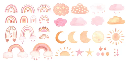 Raamstickers Boho dieren Grote aquarel boho set met maan, regenbogen en wolken. vector illustratie