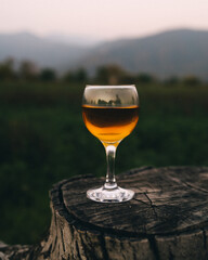 A glass of dry white Georgian homemade wine alcoholic drink stands on a stump in the mountains. Rest, relaxation