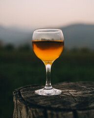 A glass of dry white Georgian homemade wine alcoholic drink stands on a stump in the mountains. Rest, relaxation