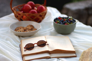 Picninc blanket with straw bag, bowl of strawberries and blueberries, bowl of chocolate chip cookies, books, sunglasses and basket of apples in the garden. Selective focus.