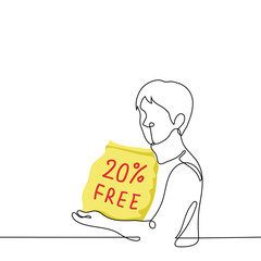 man holding a huge package with the inscription "20% free" - one line drawing vector. concept products with 20% discount