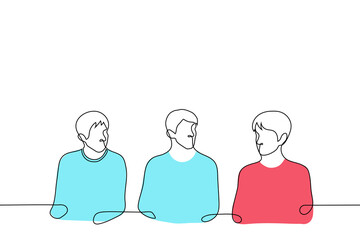 eye-catching man riveted the eyes of neighbors sitting next to him - one line drawing vector. concept is a stranger among one's own; too bright and stand out, special, abnormal