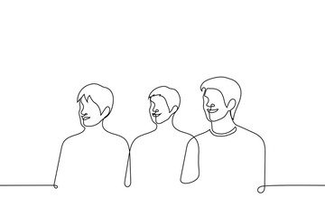 group of men laughing looking at something - one line drawing vector. concept to watch something funny, laugh at a joke