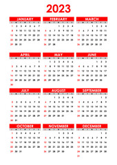 Calendar 2023 Year mockup. Annual Vertical template. First day Sunday. Classic simple minimal design. Black and red style on white background. 