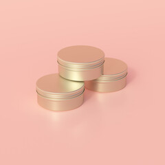 Gold metallic round tin, editable cosmetic jar mockup. 3d rendering