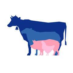 silhouette of cow, sheep, pig and chicken