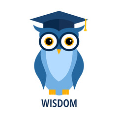 Wisdom concept vector illustration. Owl wearing graduation hat in flat design on white background.