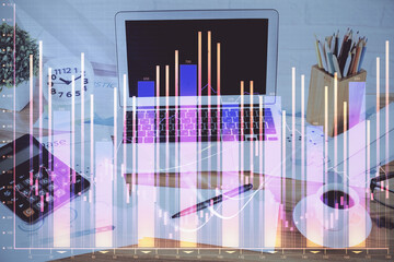 Forex market graph hologram and personal computer on background. Double exposure. Concept of investment.