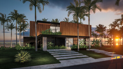 3d rendering of modern cozy house with parking and pool for sale or rent with wood plank facade by the sea or ocean. Sunset evening by the azure coast with palm trees and flowers in tropical island