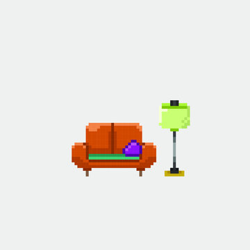 sofa and standing lamp in pixel art style