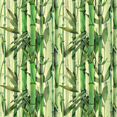 Green bamboo stems, leaves, twigs. Watercolor illustration in oriental, Asian style. Seamless pattern on a light background. For wallpaper, fabric, textiles, paper, covers.