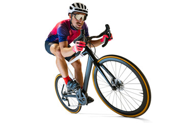 Portrait of man, professional cyclist training, riding isolated over white studio background. Concentration