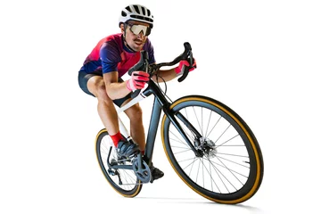 Tuinposter Portrait of man, professional cyclist training, riding isolated over white studio background. Concentration © Lustre