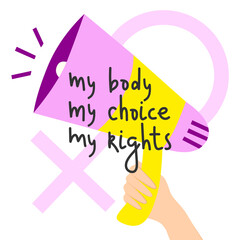 Megaphone with lettering phrases about abortion law illustration