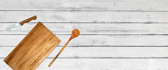 Topview of Set Cooking Utensils on White Wood Background