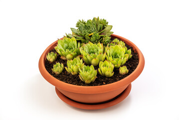 Sempervivum tectorum, commonly known as Common Houseleek in a flower pot with manny outgrowing offshoots isolated on white background. Clipping Path Included