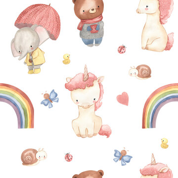 Unicorn, bear and elephant. Watercolor seamless pattern illustration for kids