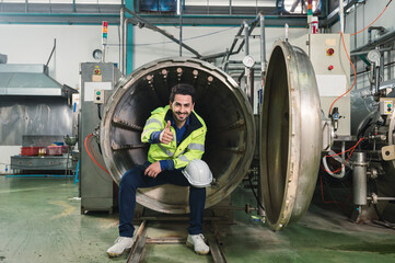Naklejka na ściany i meble Caucasian engineer man in safety uniform sitting and reporting on processing large duct contrainer in industry manufacturing factory