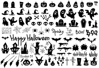 Set of Halloween silhouettes. Sinister pumpkins, ghosts, tombstones, spiders and bats, skulls and candles. Witches brooms, cauldrons, hats. Cartoon flat vector collection isolated on white background