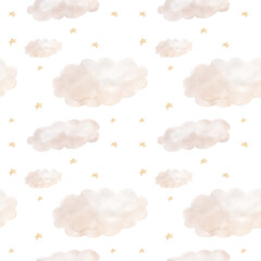 Cloud and star watercolor seamless pattern illustration for kids