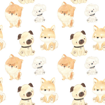 Dog watercolor seamless pattern illustration for kids