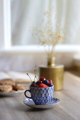 Plate of chocolate chip cookies, cup filled with strawberries, blueberries and cherries, open book and vase with gypsophila flowers on the table. Selective focus.