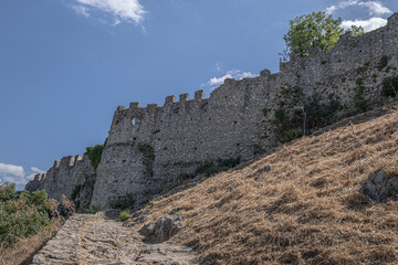 Mystras Castle archeological site, built in the 13th century on a mountain summit, overlooking the Lakonia Plain, near the town of Sparta, Peloponnese, Greece